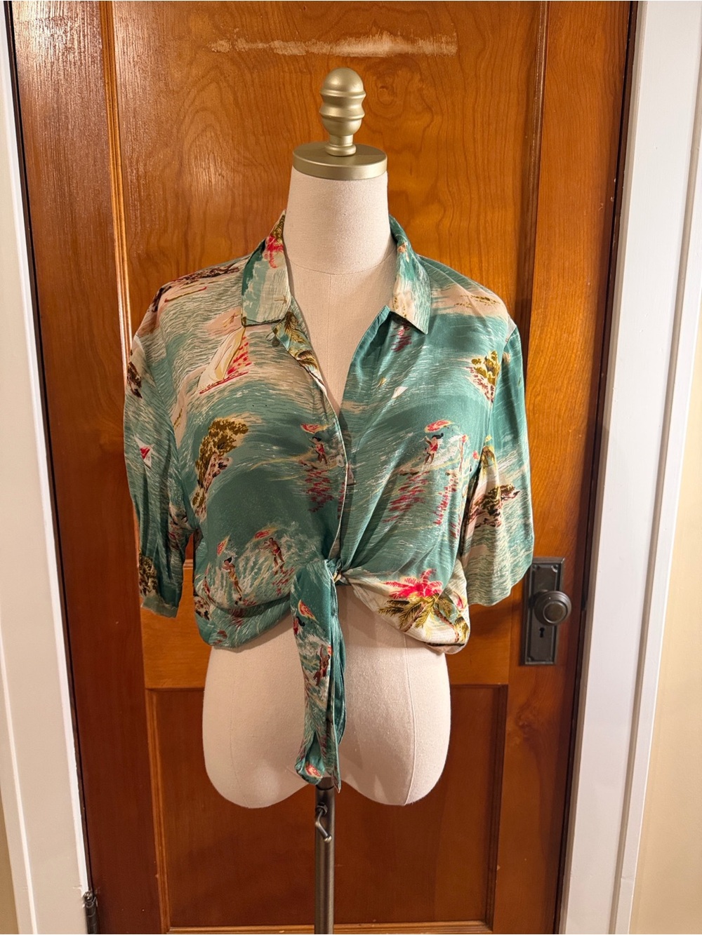 Topshop Teal Green Floral Tie-Front Shirt